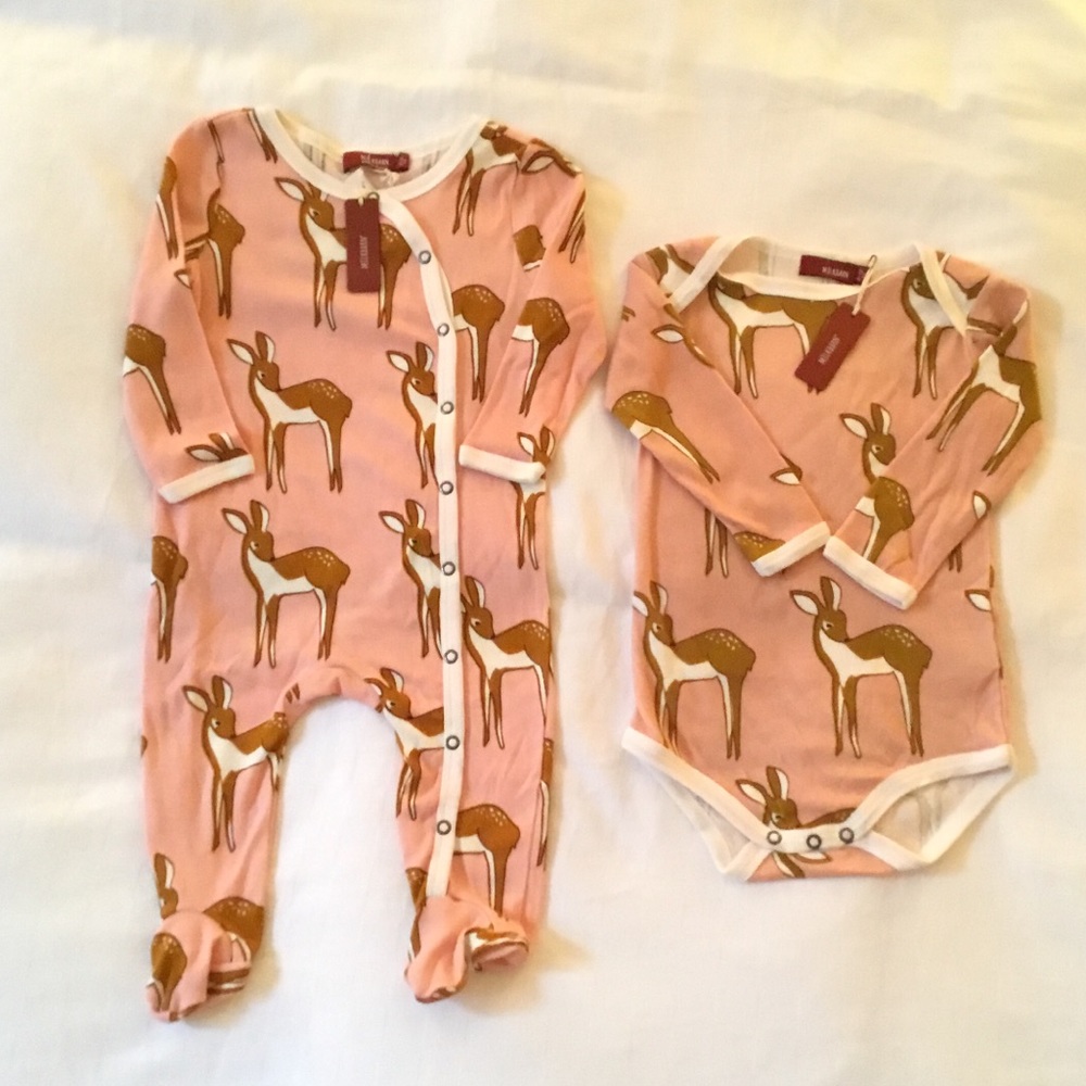 2 NWT MilkBarn Organic Cotton Deer Rompers